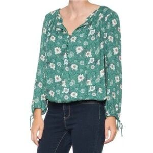Lucky Brand Green and White Floral Long Sleeve Shirt Top Tie Sleeves Size Medium